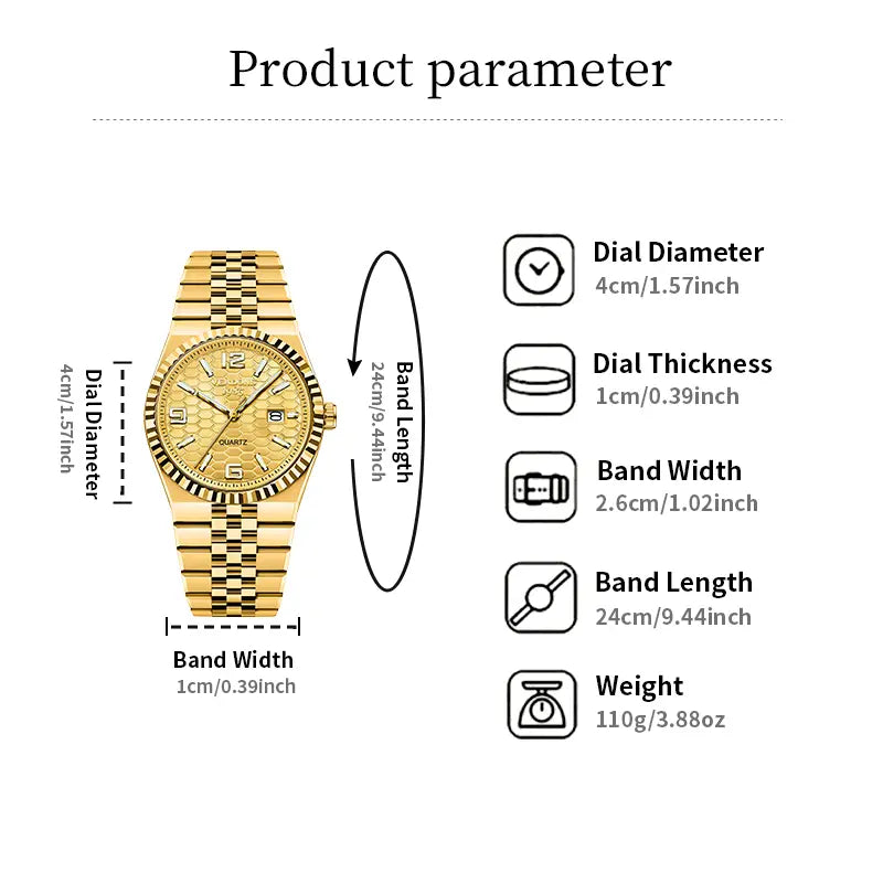 Men's Diamond-Accent Quartz Watch – Luminous Date Display, 3D Grid Dial, Waterproof, Gift Box – Business Casual Style