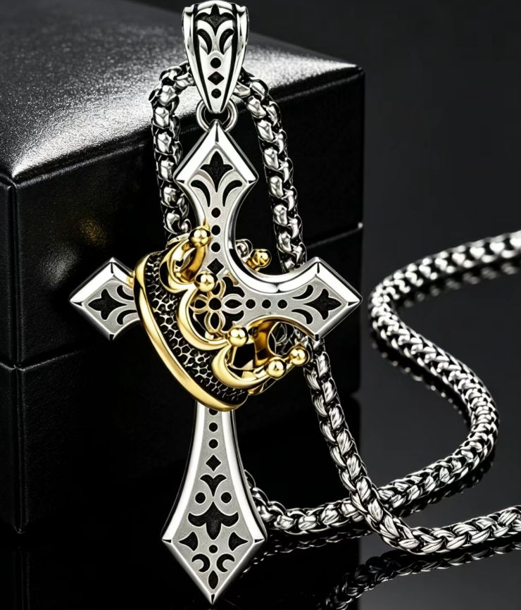 Cash on Delivery – 2 Pack Stainless Steel Crown Cross Necklace for Men and Women – Faith Prayer Accessories, Christian Religious Gift, Durable Daily Wear