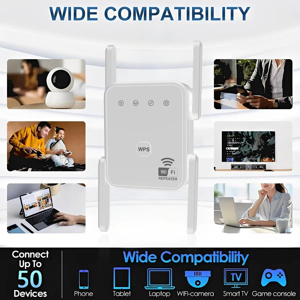 1200M WiFi Extender 4-Antenna Dual Band AC1200 Repeater - Supports 2.4G and 5G, Plug and Play for Home and Office