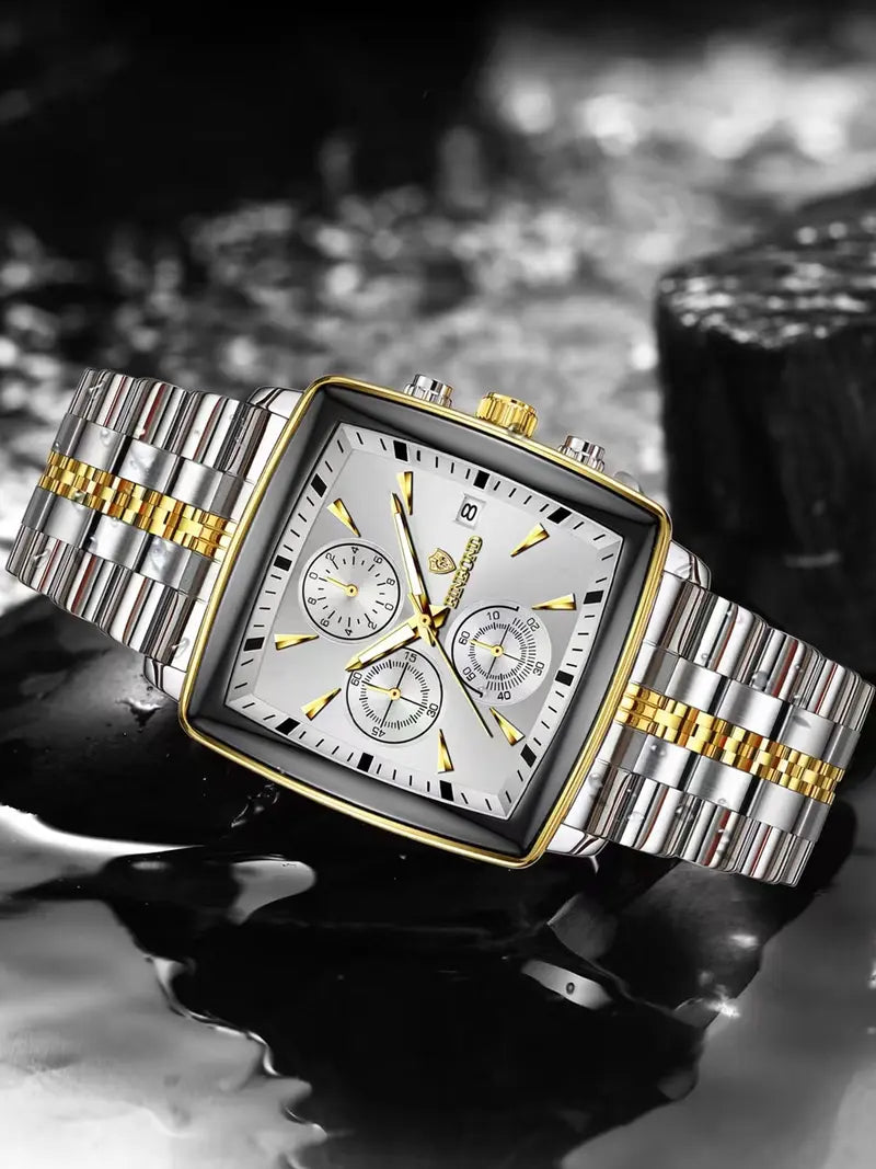 Men's Multifunctional Square Analog Quartz Watch – Stainless Steel Strap, 3-Eye 6-Hand Chronograph Dial, Business Fashion Style