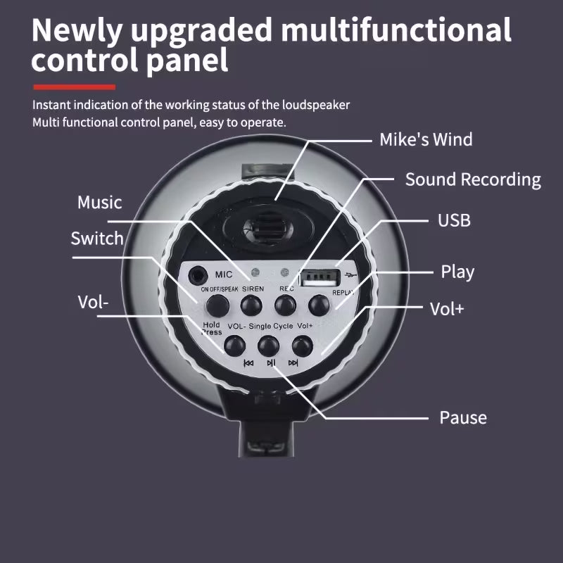 Portable Megaphone – Siren/Alarm Modes, 240s Recording, USB, Detachable Mic & Strap