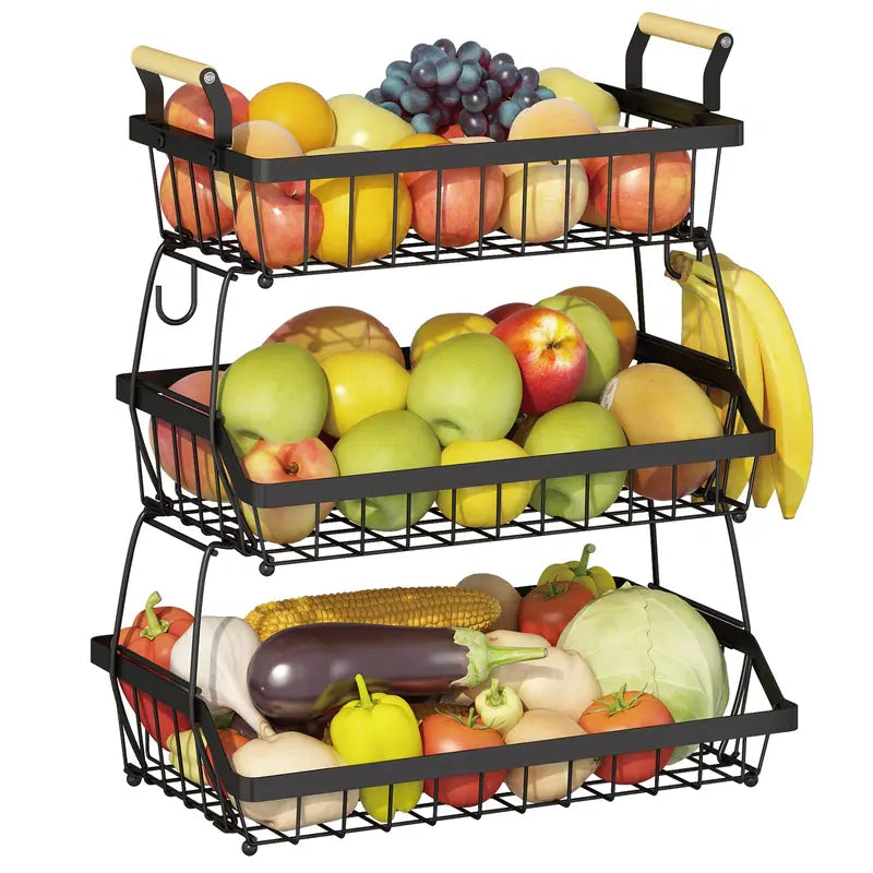 3-Tier Metal Fruit & Vegetable Storage Basket with Hooks – Space-Saving Kitchen Organizer for Countertop, Pantry & Bathroom, Heavy Duty & Rust-Proof Design