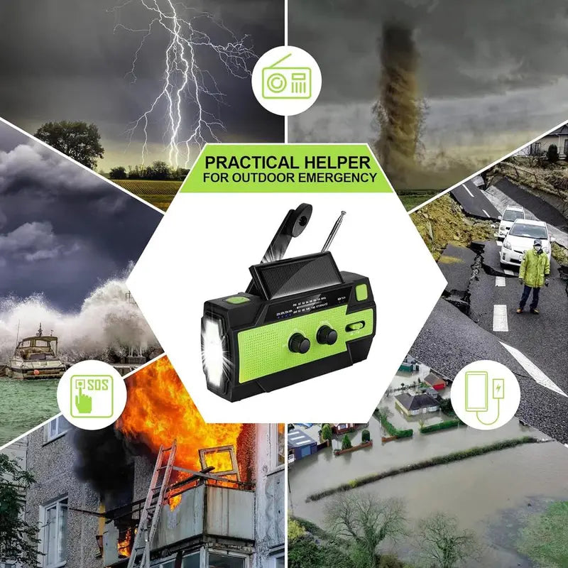 Multifunctional 4000mAh Emergency Crank Radio, Solar Powered Hand Crank Radio with Flashlight & Motion-sensor, Portable Rechargeable AM/FM Weather Radio for Home and Outdoor, Hand Crank Radio Original, Charging, Audio