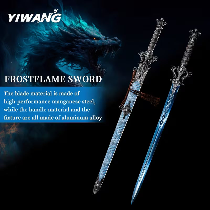 Shuanglong Handmade Chinese Jian Sword – 1060 High Carbon Steel Full Tang Blade, Blue Engraved Surface, Double Dragon Handle, Luxury Scabbard, Blunt Edge for Safe Display & Gift