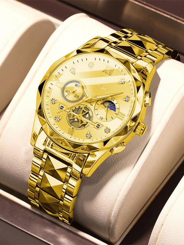 Men's Business Fashion Round Dial Stainless Steel Strap Quartz Watch, Waterproof Luminous Chronograph Watch with Box, Wristwatch for Party, Daily Decor, Trendy Watch