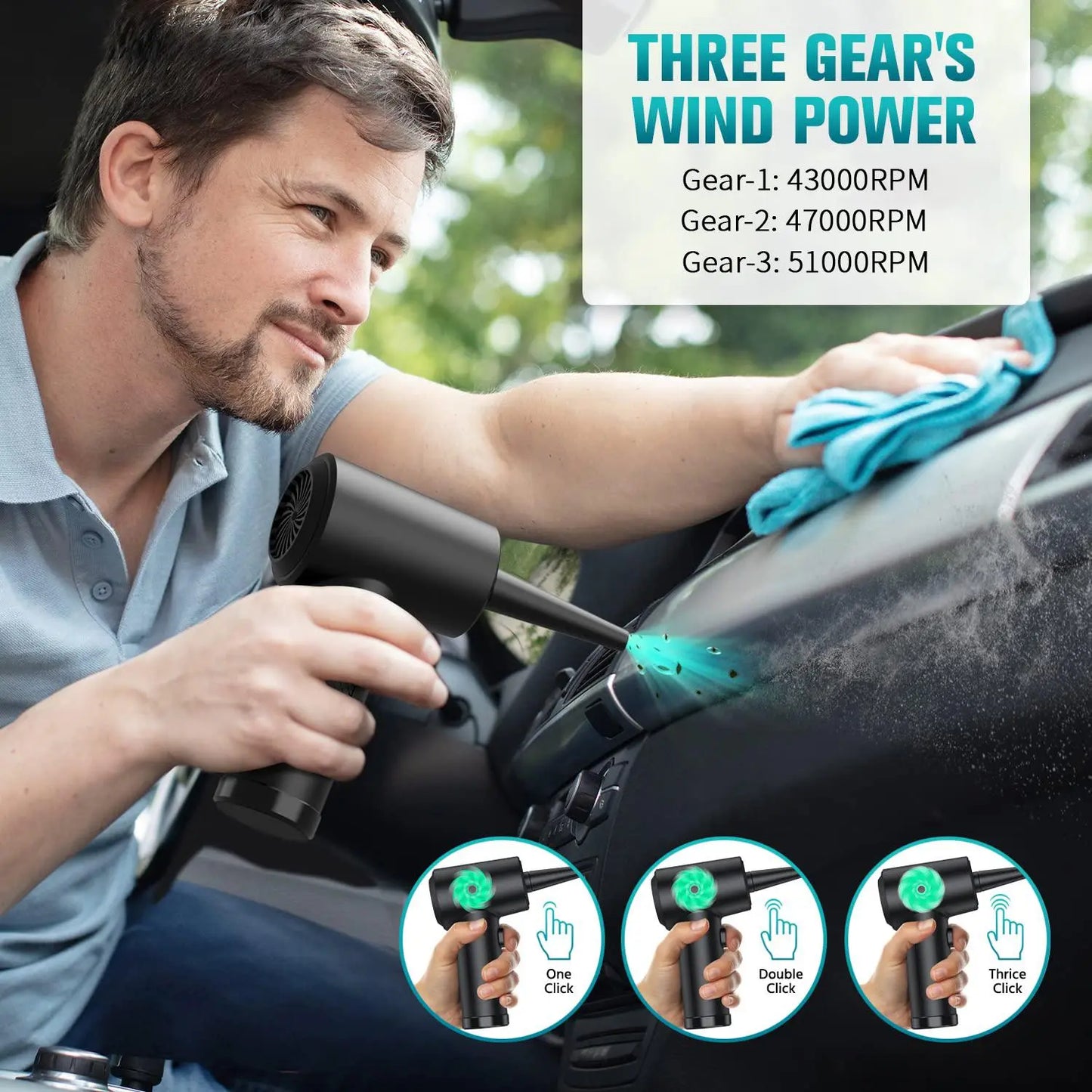 Compressed Air Duster Cleaner, 3-Gear 51,000 RPM Electric Air Duster, Portable 4000mAh Rechargeable Cordless Air Blower with LED Light