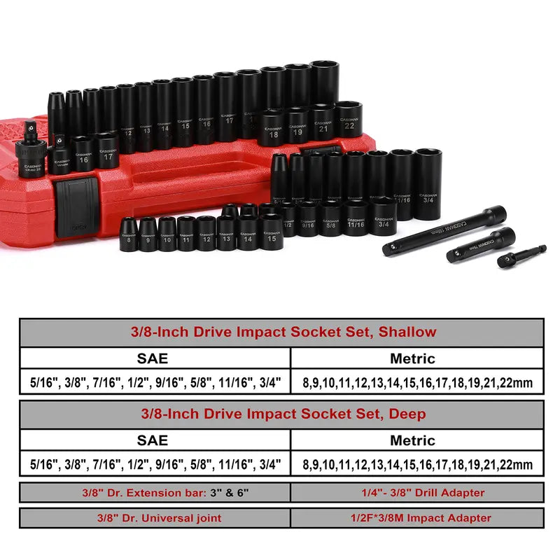 49-Piece 3/8" Drive Impact Socket Set SAE/Metric 6 Point CR-V Steel Includes Extension Bar Adapter & Universal Joint Tool #TikTokShopBacktoSchool - Hex Wrenches