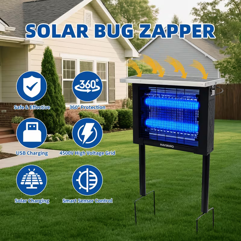 High Power Solar Bug Zapper, 2000 Sq.Ft Wide Coverage, Portable Rechargeable Outdoor Insect Trap, Waterproof Solar Mosquito Killer Light for Yard, Garden, Patio, RV, Camping & Pond Pest Control