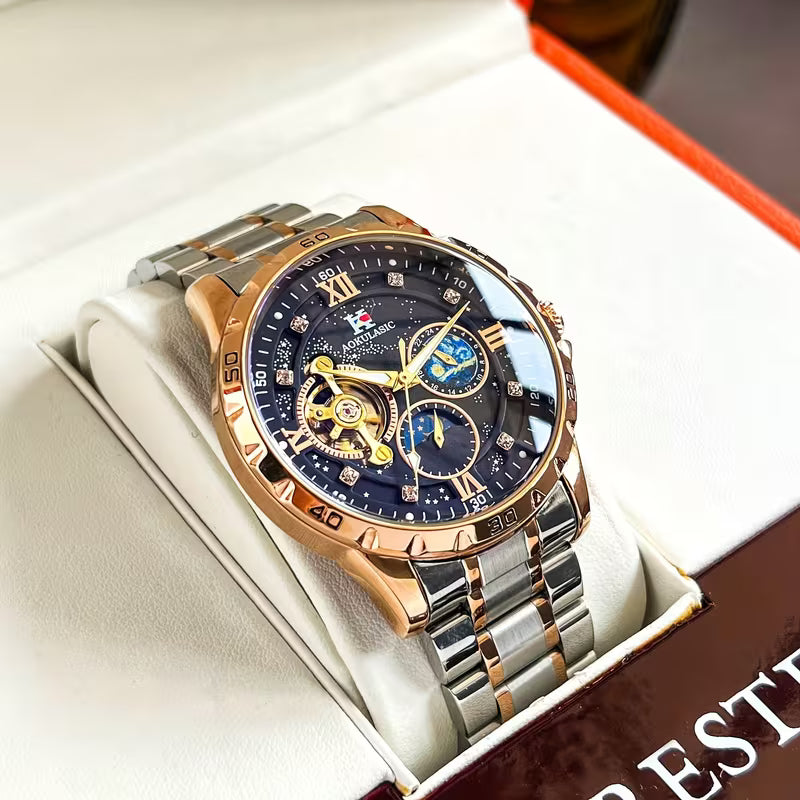 AOKULASIC Men Tourbillon Skeleton Automatic Mechanical Watch, Diamond Starry Luminous Dial, Moon Phase Function, Large Dial Waterproof Wristwatch，Business Casual Men Watch, Christmas New Year Thanksgiving Birthday Gift for Men