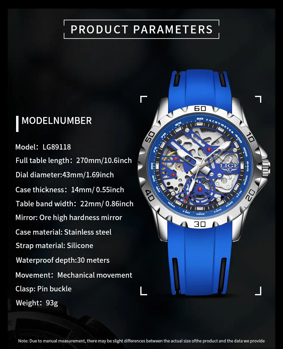 LIGE Men's Skeleton Mechanical Watch, 43mm Casual Wristwatch with Stainless Steel Case and Silicone Strap, Luminous Dial, 30m Water Resistant, Mechanical Style Watches image 9
