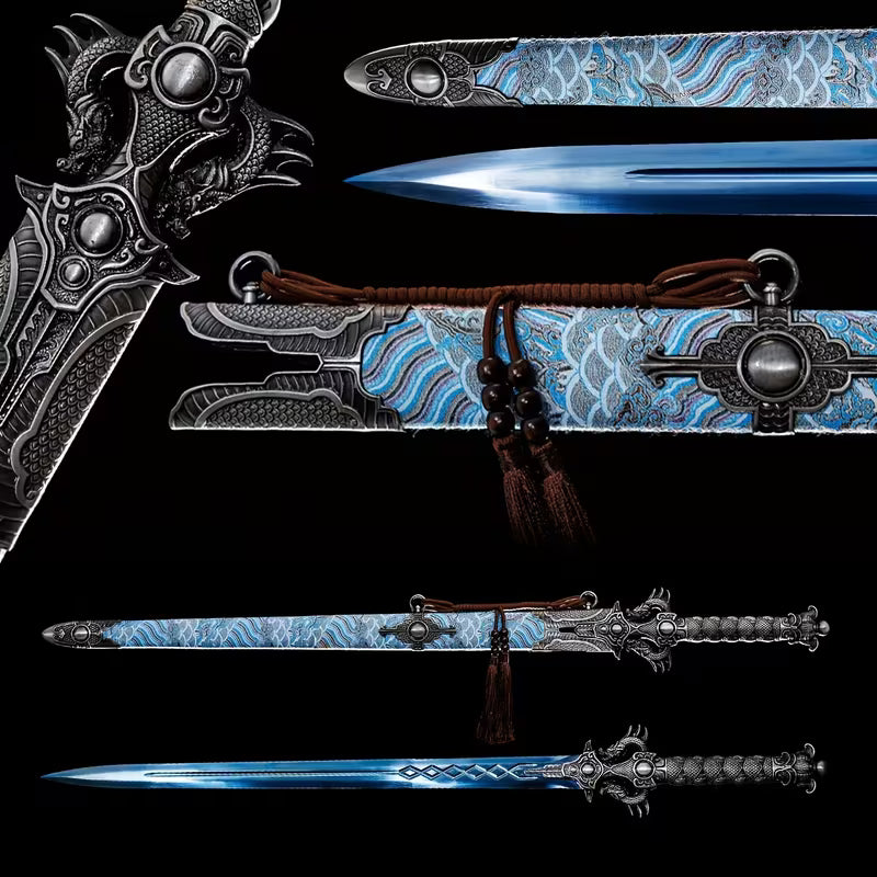 Shuanglong Handmade Chinese Jian Sword – 1060 High Carbon Steel Full Tang Blade, Blue Engraved Surface, Double Dragon Handle, Luxury Scabbard, Blunt Edge for Safe Display & Gift