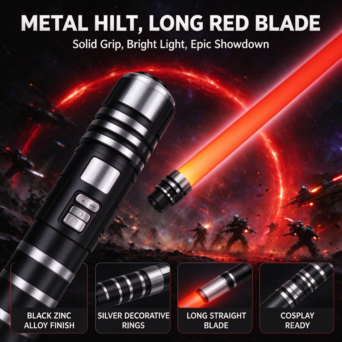 Metal Handle Red Lightsaber, USB Rechargeable Light Saber for Cosplay, Party & Collection