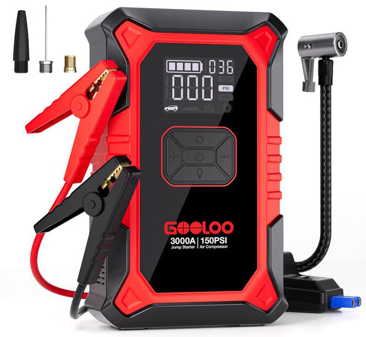 A3 Portable Car Jump Starter with Air Compressor, 3000A Car Battery Jump Starter (9.0 Gas/6.5L Diesel) with 150PSI Digital Tire Inflator Repair Tool Kit Vehicle