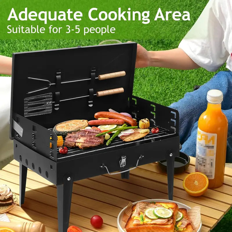 Tiny Small Portable Charcoal Grill, 17x10x18 in. Outdoor Foldable BBQ Grill with Barbecue Accessories & Lid for Cooking Camping Picnic Hiking Beach Party Patio Smokers