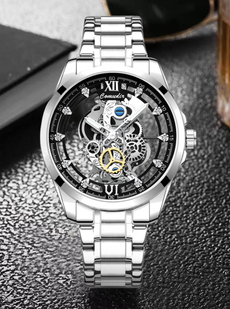 ⌚ Cash on Delivery ✨ BINBANG Men's Silver Color Steel Strap Dual-Sided Transparent Quartz Watch – Alloy Case, Analog Round Face – Luxury Trendy Sporty Casual Business Timepiece – Free Shipping