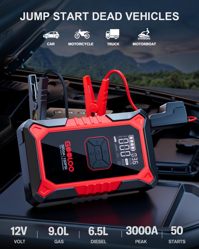 A3 Portable Car Jump Starter with Air Compressor, 3000A Car Battery Jump Starter (9.0 Gas/6.5L Diesel) with 150PSI Digital Tire Inflator Repair Tool Kit Vehicle