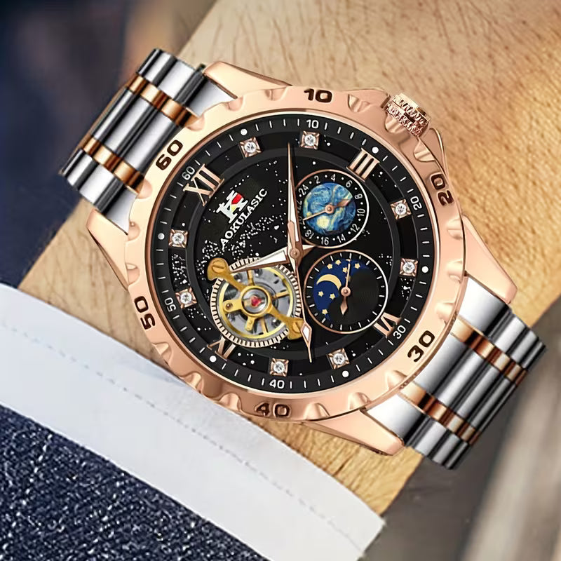 AOKULASIC Men Tourbillon Skeleton Automatic Mechanical Watch, Diamond Starry Luminous Dial, Moon Phase Function, Large Dial Waterproof Wristwatch，Business Casual Men Watch, Christmas New Year Thanksgiving Birthday Gift for Men