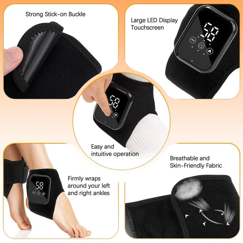 Ankle Relief Device, 3 Heat Settings 48-58°c, 3 Vibration Massage Levels, 15-Minute Timer, Touchscreen Operation, Universal Adhesive Strap