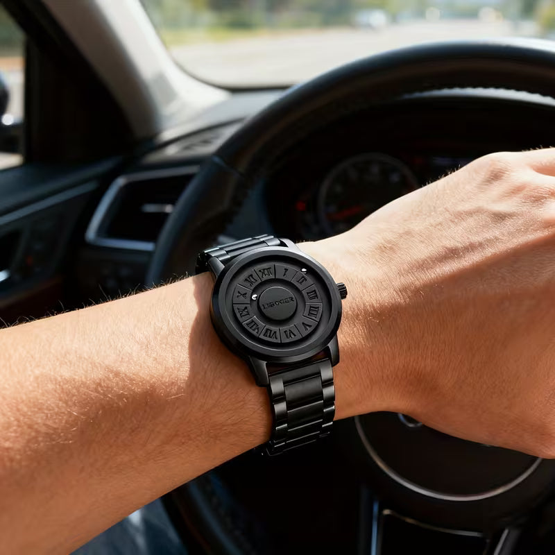 2026 Hot Selling Creative Rolling‑Steel‑Ball Men Quartz Wrist Watch, No‑Glass Touch‑To‑Read Dial, Retro Business Fashion Black Steel Band Men’s Watch