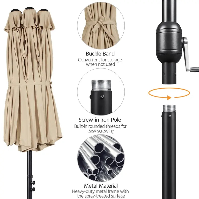 【On Sale】 15ft Heavy Duty Canopy Double Layer Cloth Patio Umbrella with 12 Ribs Hand Crank for Easy Opening 2 Sandbags Outdoor Design for Garden Pool and Lawn