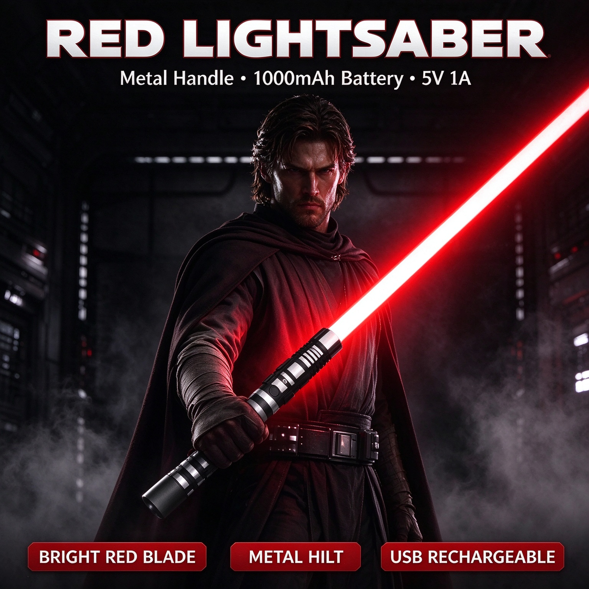 Metal Handle Red Lightsaber, USB Rechargeable Light Saber for Cosplay, Party & Collection