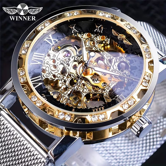 Winner Men Fashion Casual Hand-Wind Mechanical Watch, Rhinestone Hollow Mesh Band Manual Mechanical Wrist Watch, Classic Popular Skeleton Crystal Inlaid Watch for Men