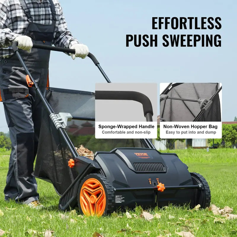 VEVOR Push Lawn Sweeper 21-Inch Leaf & Grass Collector with 3.5 cu. ft. Mesh Collection Hopper Bag, 2 Spinning Brushes & Strong Rubber Wheels