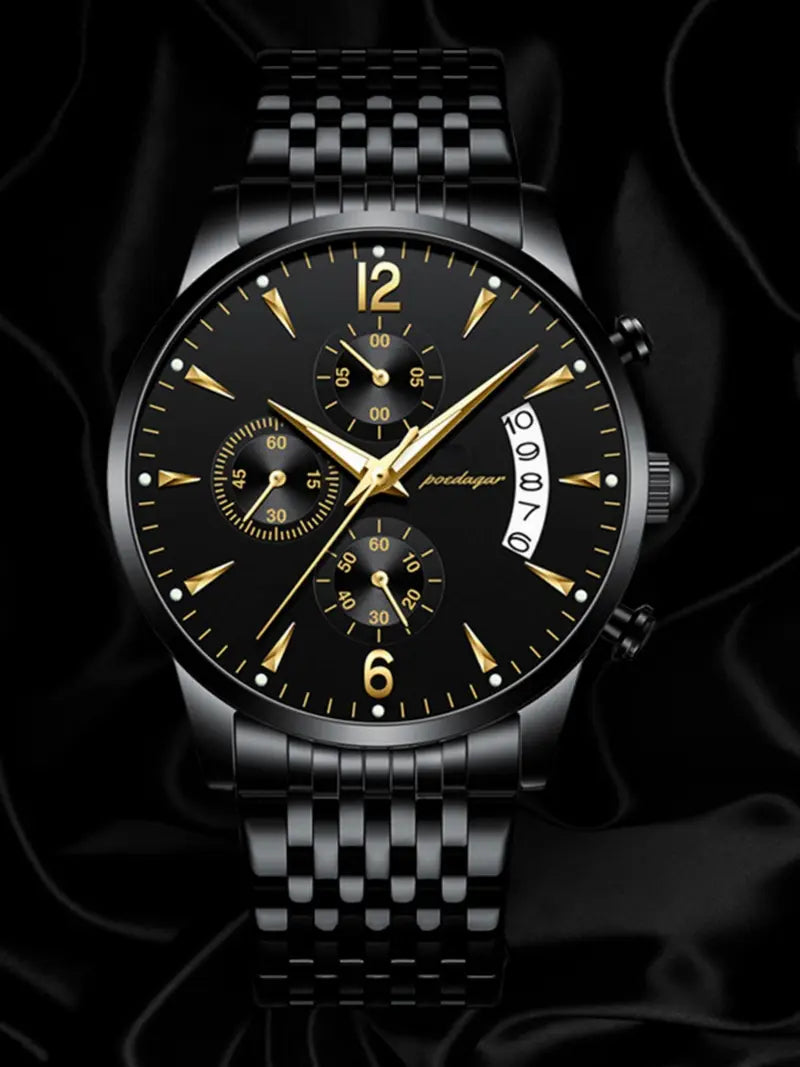 Men's Business Fashion Watch - Black Stainless Steel Strap, 30M Water Resistant, Calendar Quartz with Luminous Dial