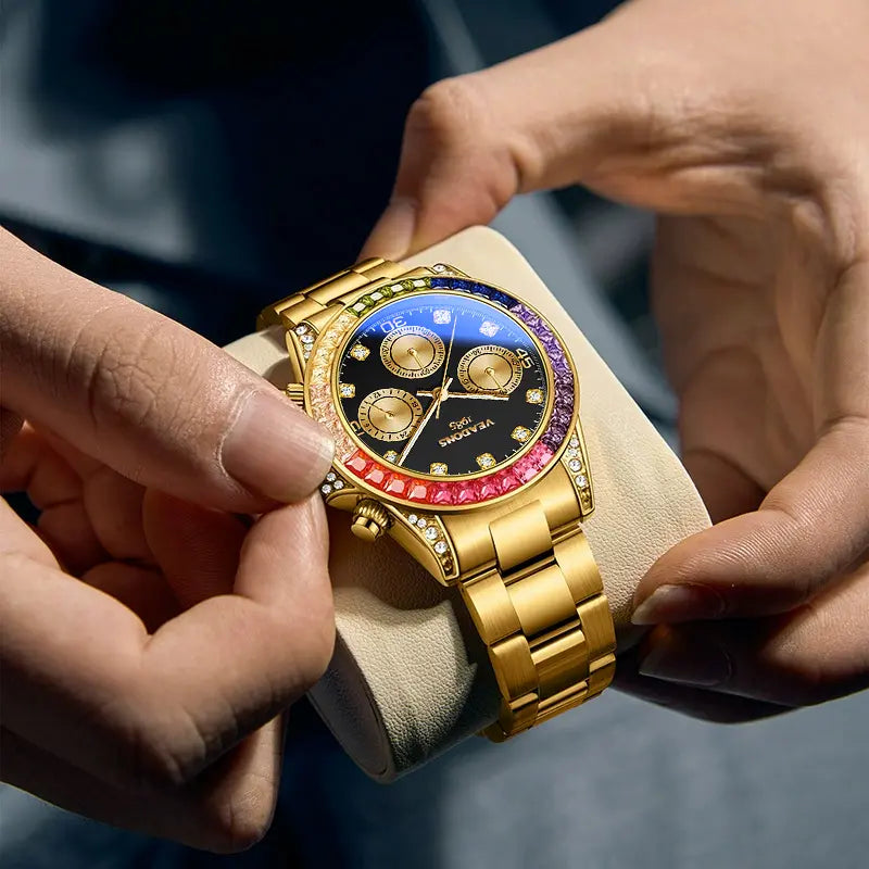 Men's Fashion Rhinestone Quartz Watch – Rainbow Dial, Chronograph, Luminous Date, Water Resistant – Box Not Included, Ideal for Party, Business & Daily Wear