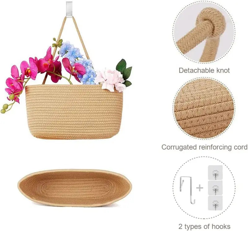 Handmade Woven Cotton 3-Tier Over-the-Door Basket – Wall-Mounted Jute Storage Organizer, Decorative Nursery Baskets for Diapers & Toys