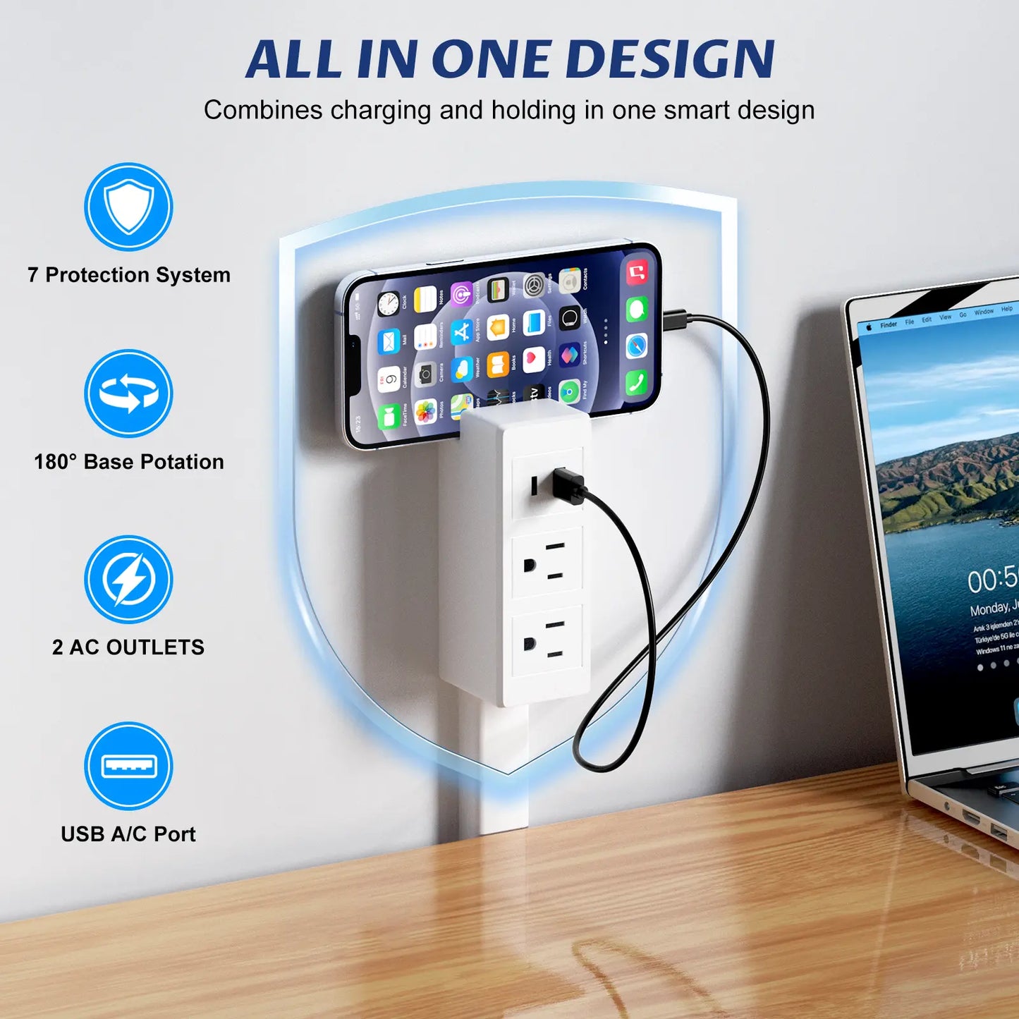 Outlet Extender - Fire-Safe Design, Extendable 18-28 Inches with USB-C, USB-A and 2 AC Outlets, 180° Rotating Plug Adapter for Hard-to-Reach Sockets