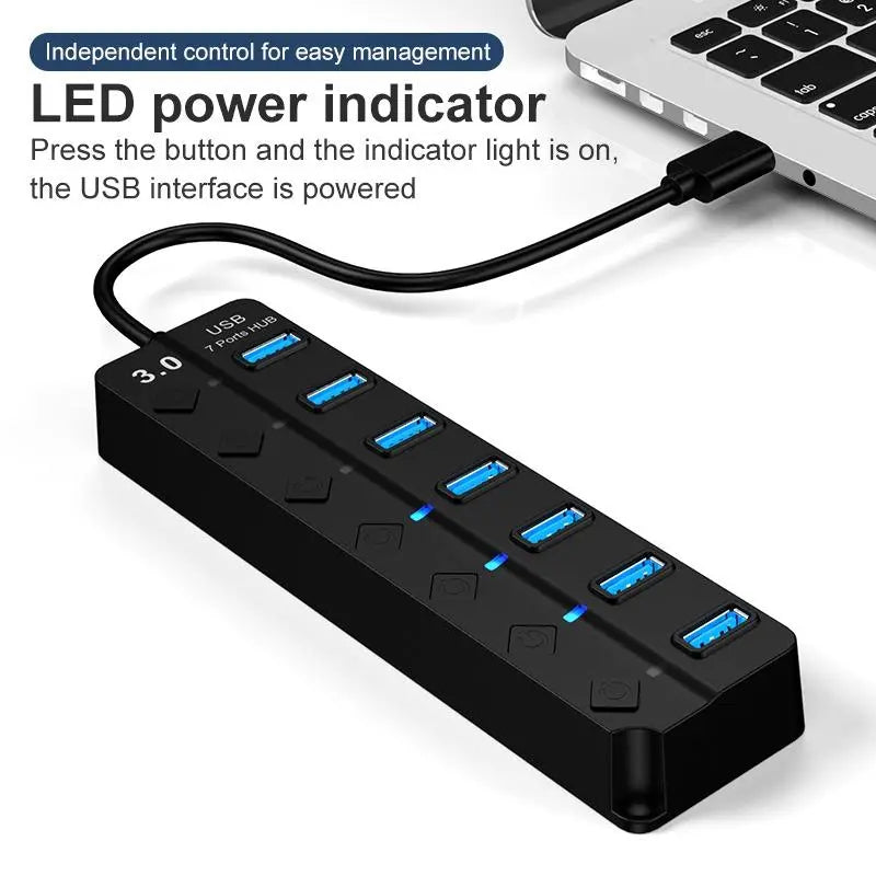 7-Port USB Hub - Multifunctional USB Splitter with Independent Switches, Universal USB Extender Adapter for Laptops and Multiple Devices