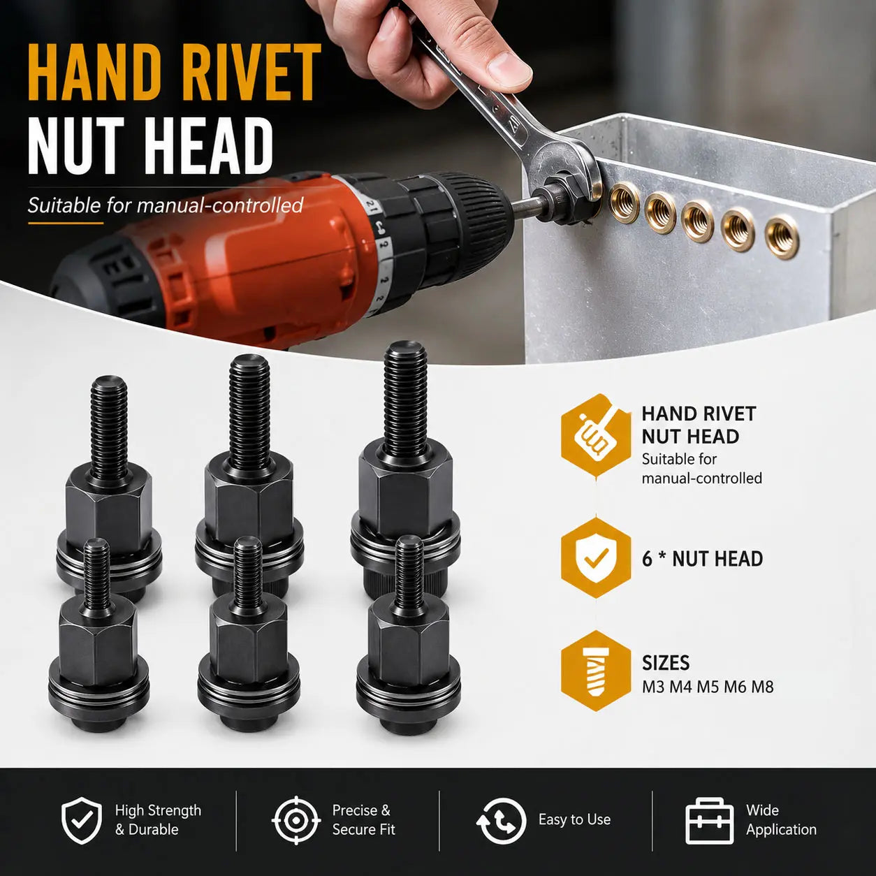 Head Rivet Nut Tool Kit - M3 M4 M5 M6 M8 Carbon Steel Rivnut Set, Manual Threaded Rivet Nut Tool for Automotive Repair