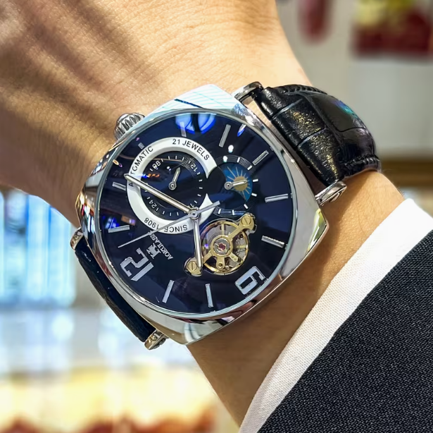 Elegant Men's Mechanical Watch – Retro Square Skeleton Dial, Alloy Case, Automatic Winding, Business Style, Analog Display, Battery-Free