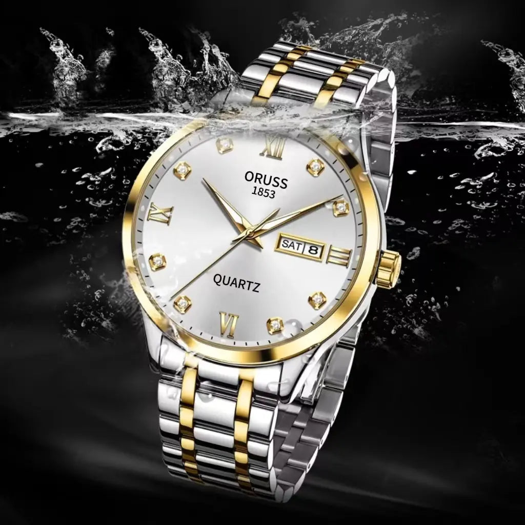 ORUSS Men's and Women's Stainless Steel Dual Calendar Watch - Water Resistant, Luminous, Luxury Fashion Analog Quartz Wristwatch