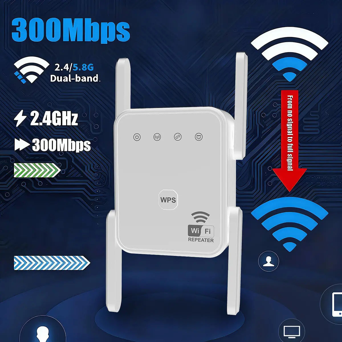 1200M WiFi Extender 4-Antenna Dual Band AC1200 Repeater - Supports 2.4G and 5G, Plug and Play for Home and Office
