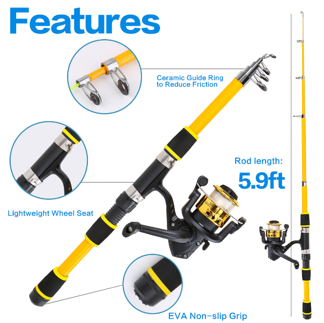 Fishing Rod & Reel Set – 1.8m Telescopic Fishing Rod & Reel Combo with Carrier Bag – Fishing Gear, Outdoor Fishing Accessories, Fishing Tackle Kit, Fishing Equipment & Supplies