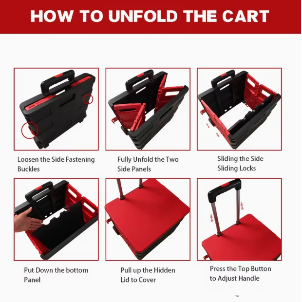 Heavy-Duty Collapsible Rolling Cart with Plastic Wheels & Blue Lid Seat – 80 lbs Capacity, Plastic Crate Converts for Transport & Seating, Ideal for Teachers & More