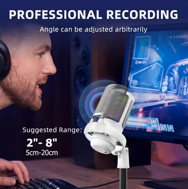 USB Microphone for PC – Condenser Gaming Mic with RGB Lighting, Gain Knob & Monitoring Jack, for Streaming & Podcasting