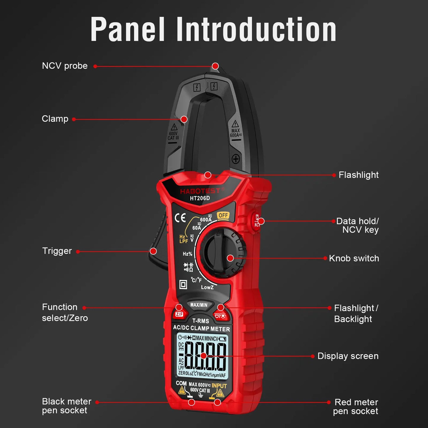 HABOTEST HT206D Digital Clamp Meter - 600A AC/DC Current, Two-Color Backlight, NCV Voltmeter Ammeter