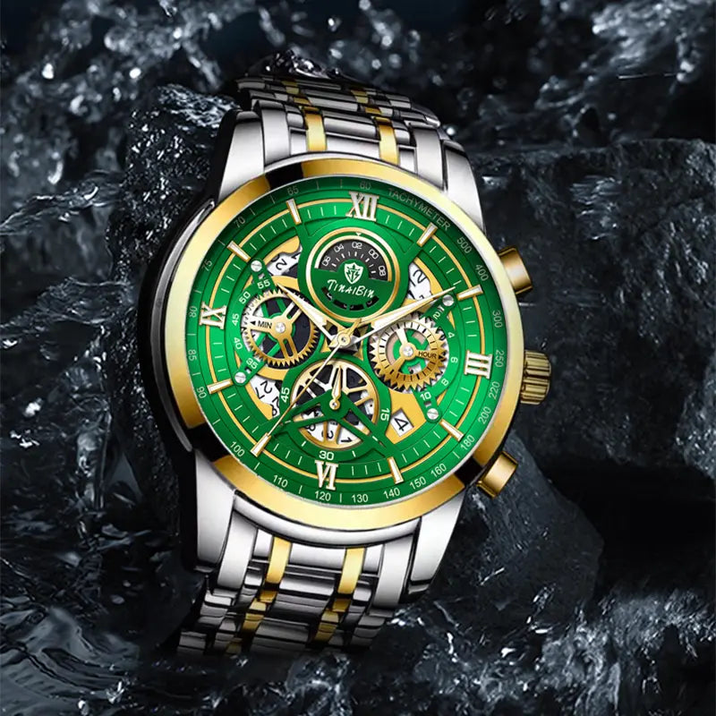 Multifunctional Luxury Men's Watch – Swiss Movement, Dual Calendar, Mechanical Style, Sapphire Crystal, Stainless Steel Strap, Luminous Waterproof Design