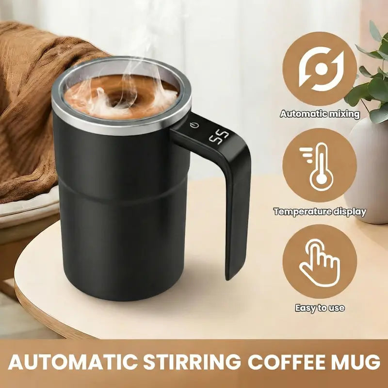 Electric Self-Stirring Coffee Mug – Magnetic Automatic Mixing Cup, Rechargeable with LCD Thermometer, Ideal for Milk, Cocoa, Tea at Office, Kitchen & Travel