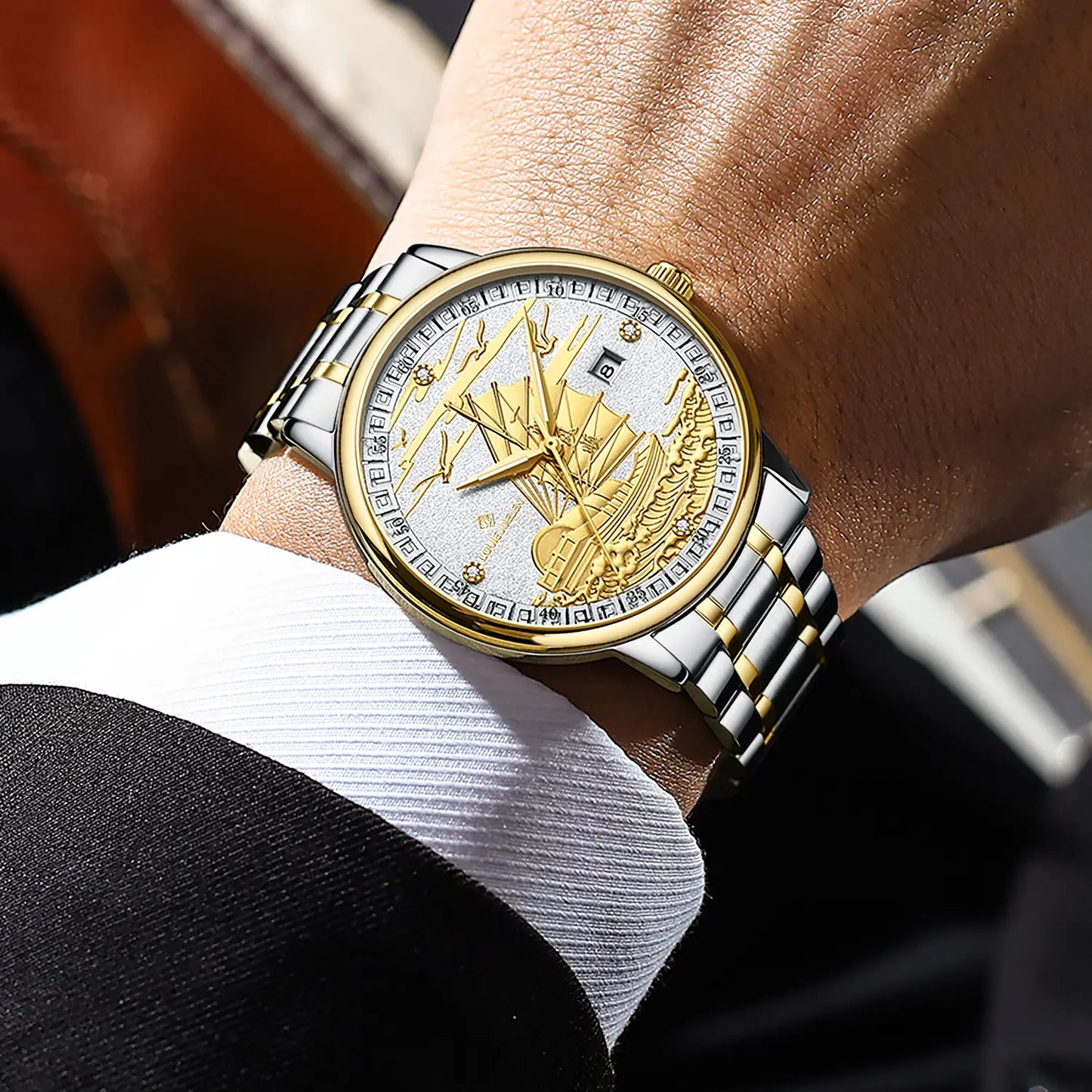 Men's Swiss Luxury Watch – 42mm Stainless Steel Case, Hand-Carved Sailing Ship Dial, Precision Movement