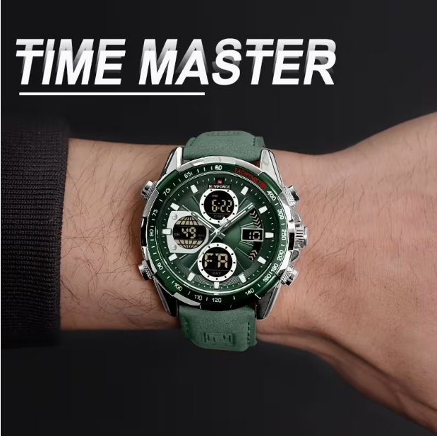 Men's Multifunctional Dual Display Sports Watch – Green, Luminous, Casual Fashion Style with Comfortable Strap