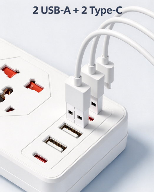 New Universal Power Strip with USB - 5 Sockets + 2 USB-A + 2 Type-C with Master Switch