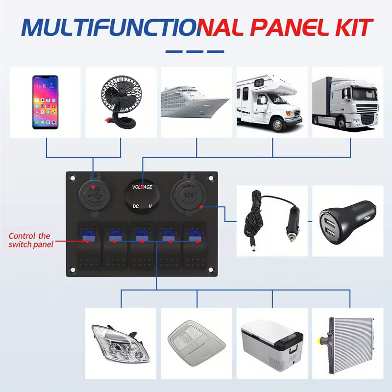 12V 5-Gang Rocker Switch Panel – Blue LED, Dual USB 4.8A, Car Plug & Voltmeter (Battery Not Included)