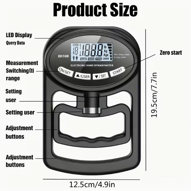 Rechargeable Digital Hand Grip Strength Tester – Hand Dynamometer 264 lbs/120 kg, Adjustable Grip Trainer for Sports Training, Fitness Testing & Physical Therapy