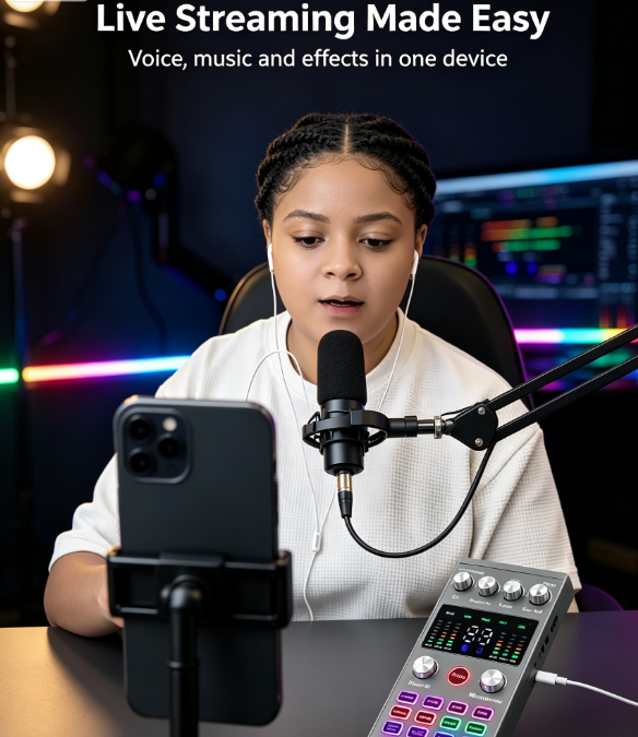 AT11 External USB Sound Card Kit - Live Streaming and Karaoke Set with Noise Reduction and Voice Effects for PC