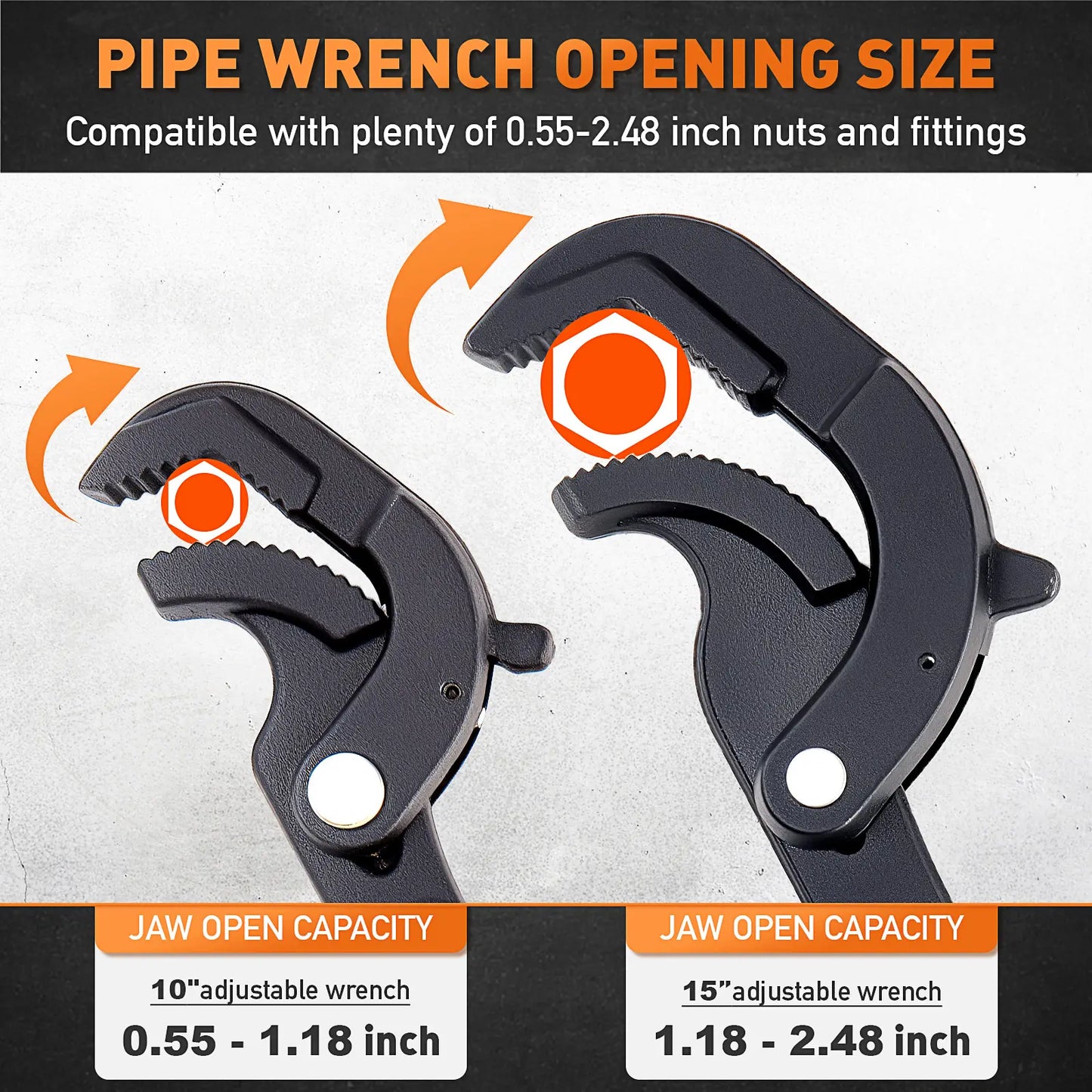 2-Piece Heavy Duty Pipe Wrench Set 10" and 15" - Self-Adjusting Pipe Wrenches for Plumbing and HVAC
