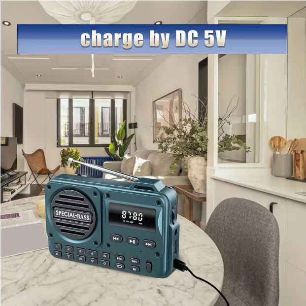 Portable FM Radio with USB-C Charging – 2000mAh Rechargeable Battery, Great Reception, Clear Sound, Headphone Jack, LCD Display, Wireless & TF Card Support, FM Only (No AM), Turquoise